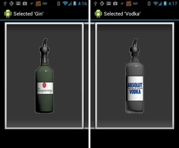 Two of the three bottles available: Gin, Rum, and Vodka.  Swiping the screen left or right navigates through the inventory of ingredients player can use to make a drink.